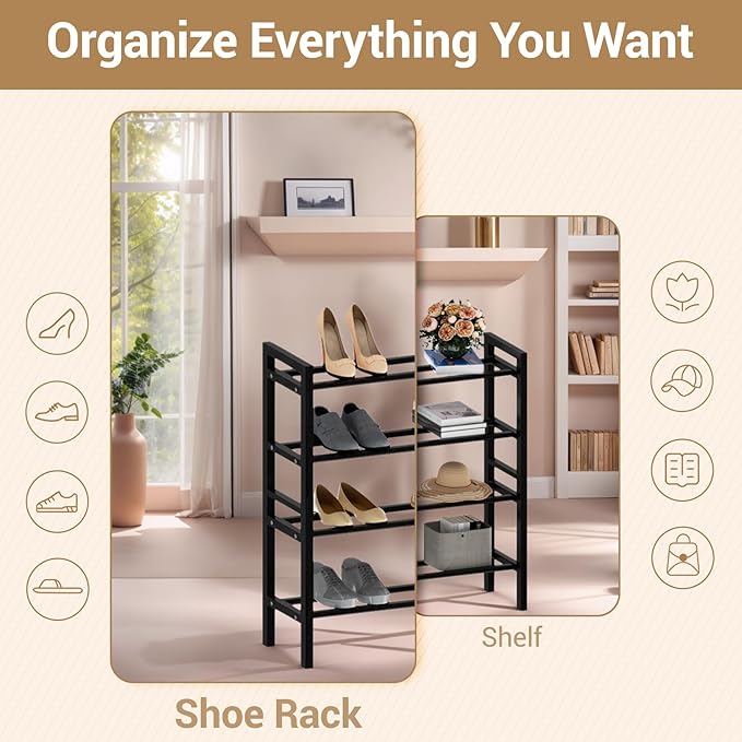 Haddockway Bamboo Shoe Rack for Closet, Free Standing Shoe Organizer with Smooth Round Rods & Convenient Handles, Stackable Shoe Storage Shelf for Entryway, Hallway(Black, 4-Tier(Small))