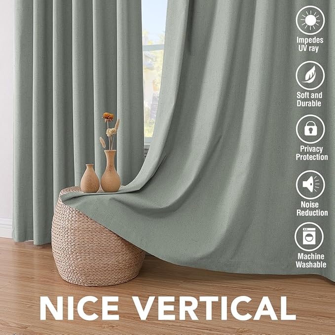 H.VERSAILTEX Bedroom Curtains Blackout Linen Blackout Curtains 84 Inches Long, 100% Blackout Thermal Textured Linen Look Curtain Draperies Grommet with White Liner, 2 Panels, Green Bay