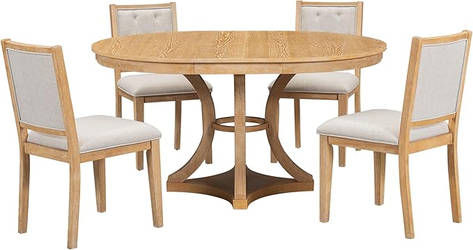 Ball & Cast Retro Dining Table Set for 4 with 4 Upholstered Chairs,5-Piece Wooden Living Room Furniture W/ 42" Round Extendable Kitchen Desk,for Small Space,Apartment,Dining Room,Natural