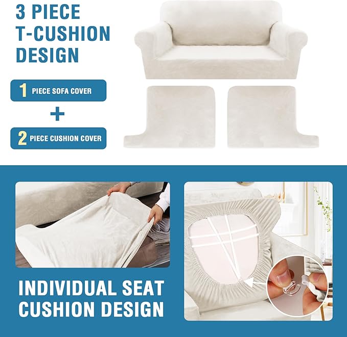 H.VERSAILTEX Sofa Cover 3 Piece T Cushion Sofa Slipcovers Thick Velvet Couch Cover Stretch T Cushion Sofa Covers for 2 Cushion Couch with 2 Individual T Cushion Covers, Porcelain