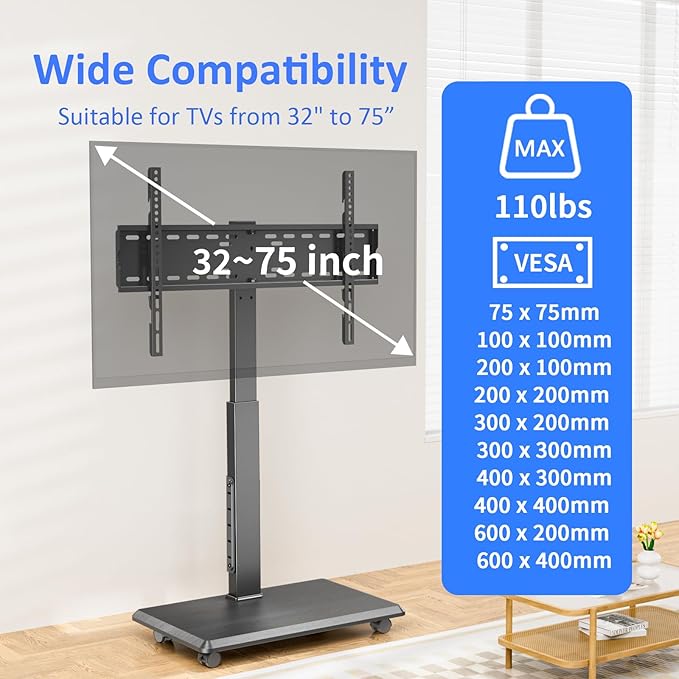 Rolling TV Stand with Power Outlet, Mobile TV Stand for 32-75 Inch TVs up to 110 lbs, 30° Swivel TV Floor Stand, 18 Adjustable Heights, TV Cart on Wheels for Bedroom, Office, Outdoor, Black