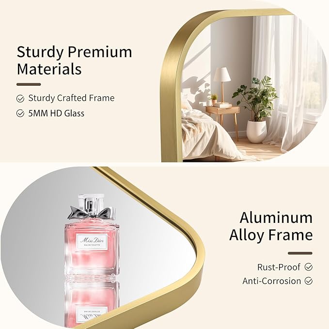 Gold Bathroom Mirror, 24x36 Inch Aluminum Frame Rectangle Mirror, Anti-Rust, Tempered Glass, Wall Mirror for Over Sink, Vanity, Bedroom, Entryway, Horizontal/Vertical