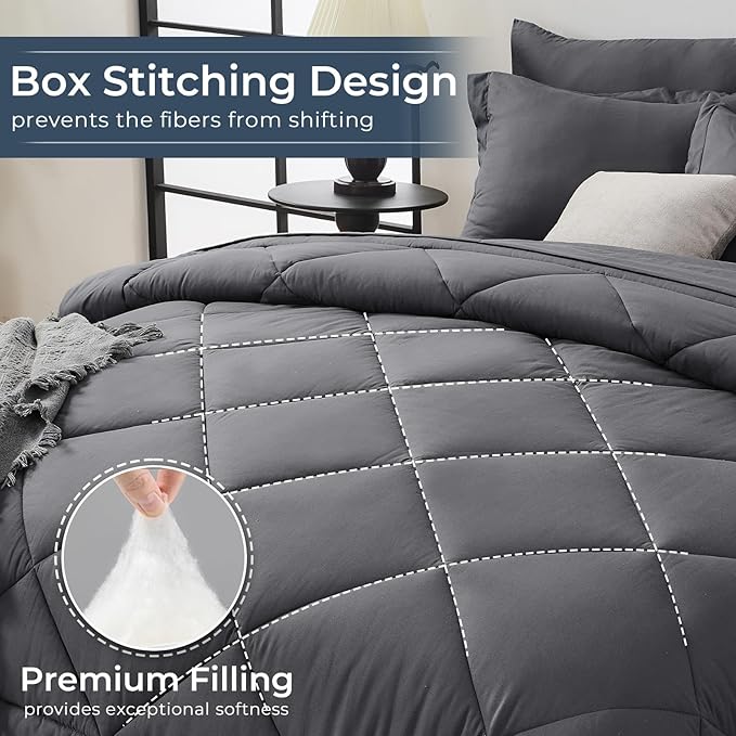 HEVUMYI King Comforter Set - 7-Piece All Season Bed in a Bag King, Ultra Soft Bedding Set with Comforter, Flat Sheet, Fitted Sheet, Pillowcases, Pillow Shams, Dark Grey
