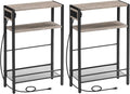 HOOBRO Small Narrow Side Table with Charging Station Set of 2, Skinny End Table for Small Spaces, Slim Nightstand with USB Ports Outlet, Sofa Beside Table with Storage Shelf BG102UBZP201