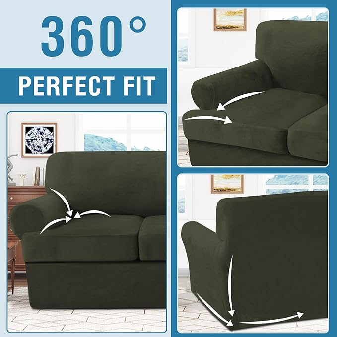 H.VERSAILTEX Sofa Cover 4 Piece T Cushion Sofa Slipcovers Thick Velvet Couch Cover Stretch T Cushion Sofa Covers for 3 Cushion Couch with 3 Individual T Cushion Covers, Olive