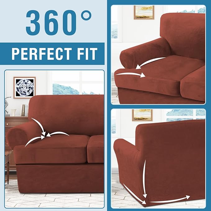 H.VERSAILTEX Sofa Cover 3 Piece T Cushion Loveseat Slipcovers Thick Velvet Couch Cover Stretch T Cushion Sofa Covers for 2 Cushion Couch with 2 Individual T Cushion Covers Washable, Rust