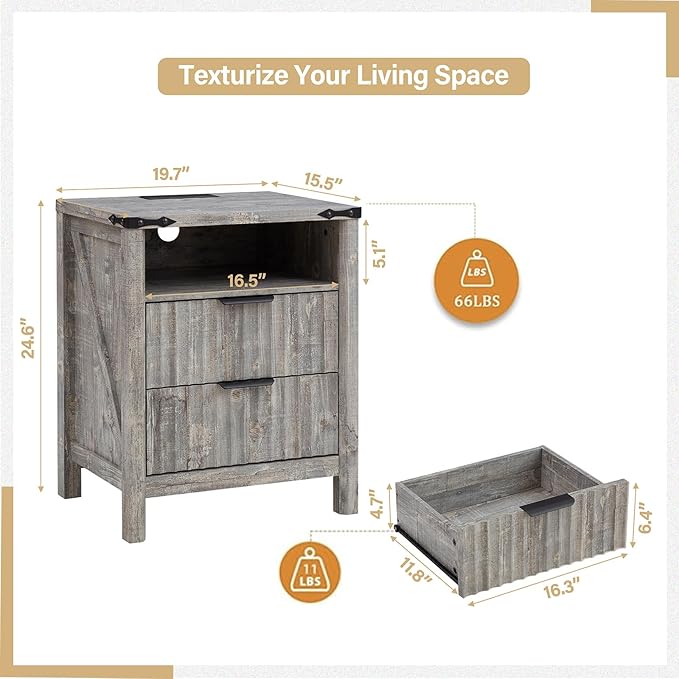Grey Nightstand with Charging Station - 20 Inch Wide Farmhouse Fluted Bedside Table with 2 Drawers, Modern Wood End Side Table for Bedroom Study Storage Home