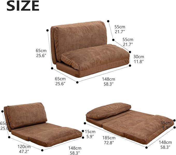 N&V Folding Matress Sofa Bean Bag Bed, Foam Filling Folding Matress Sofa, Includes Removable and Machine Washable Cover, Soft Premium Corduroy (Large, Brown Suagr)