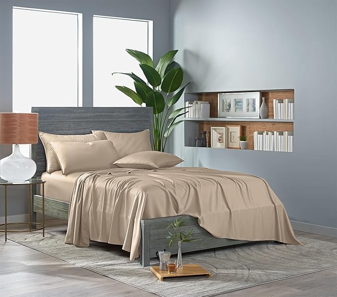 Pure Bamboo Twin Sheets, Genuine 100% Organic Viscose Derived from Bamboo Bed Sheet Set, Luxuriously Soft & Cooling, Double Stitching, Lifetime Quality Promise (Twin, Almond)