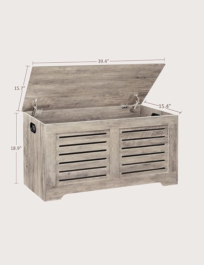 DINZI LVJ Storage Chest, 39.4”Wooden Toy Box with 2 Safety Hinges, Retro Entryway Shoe Storage Bench with Flip-Top, Sturdy Large Storage Trunk for Living Room, Bedroom, Easy Assembly, Greige