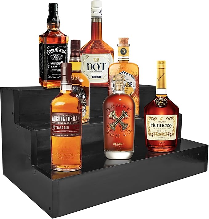 Royxen Wood Liquor Bottle Shelf 3 Tier Bar Shelf Freestanding Vintage Liquor Bar Stand for Home Bar Decor, 16" Black