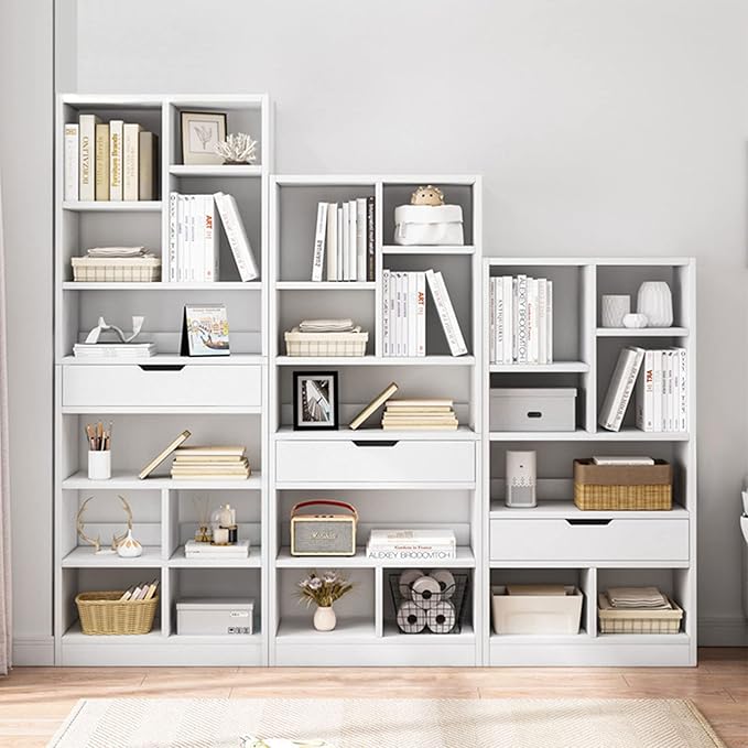 IOTXY Wooden Open Shelf Bookcase - 51 Inches Height Freestanding Display Storage Cabinet Organizer with 7 Cubes and a Drawer, Floor Standing Bookshelf in Warm White