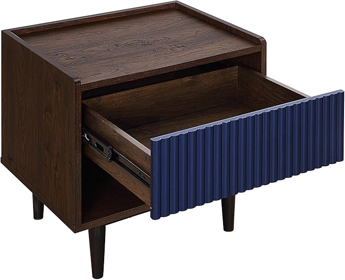 Manhattan Comfort Duane Mid Century Modern Ribbed Nightstand and Coffee Table with Storage, Living Room Furniture with Cabinet, Shelves and Iron Metal Feet, Set of 2, Navy Blue