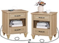 WAMPAT Set of 2 Oak Nightstands Side Tables with Charging Station, Farmhouse End Table with 2 Drawers & Shelf for Living Room, Light Wood Night Stand Bedside Table for Bedroom