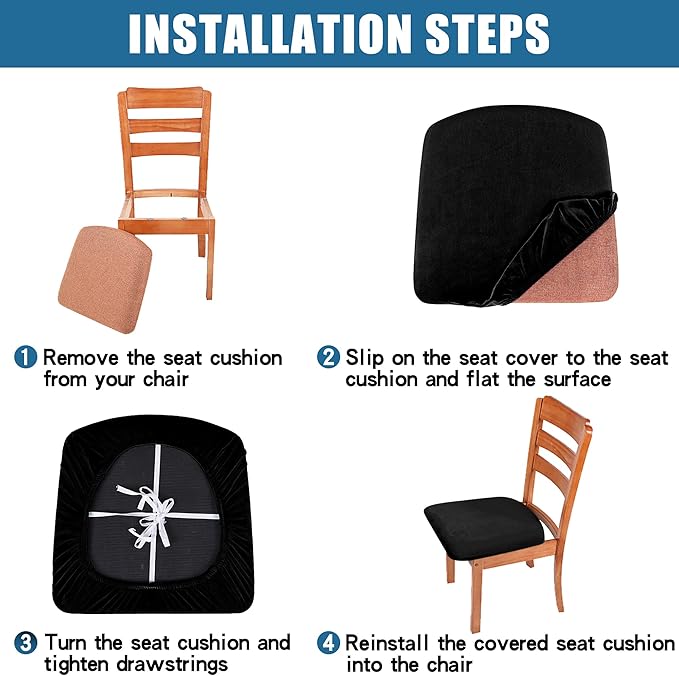 Smiry Velvet Seat Covers for Dining Room Chair Set of 4, Stretch Fit Removable Washable Chair Seat Cushion Protector Slipcovers with Ties, Camel