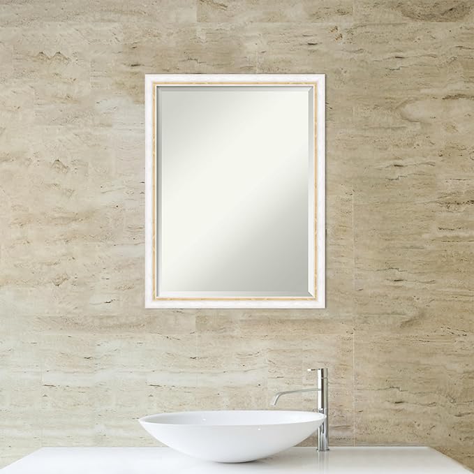 Amanti Art White Bathroom Mirror for Over Sink, 26x20 Morgan White Gold Rectangle Vanity Mirror, Medium Modern Contemporary Wood Frame, Hangs Horizonally and Vertically, Bathroom Wall Decor, Beveled