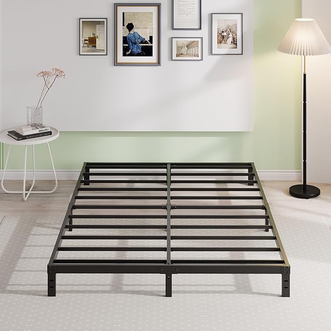 EMODA Queen Bed Frame No Box Spring Needed 10 Inch Heavy Duty Metal Platform BedFrame Queen Size with Steel Slats, Easy Assembly, Black