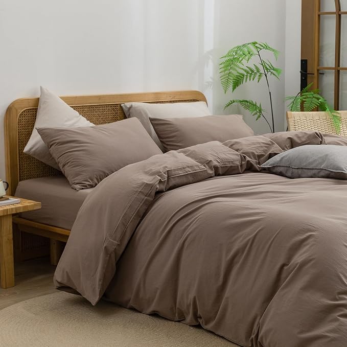 BESTOUCH Duvet Cover Set 100% Washed Cotton Linen Feel Super Soft Comfortable Chic Lightweight 3 PCs Home Bedding Set Solid Pine Bark Brown Cal King