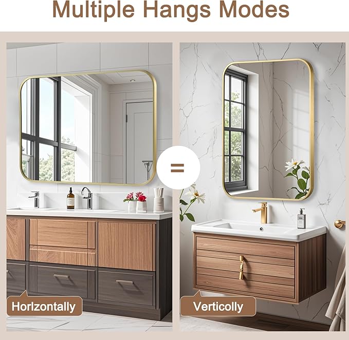 Brushed Gold Mirror, 24"x36" Rectangle Bathroom Mirror, Metal Frame Rectangle Corner Vanity Mirror, Wall Mounted Mirror for Modern, Living Room, Bedroom, Horizontal Or Vertical