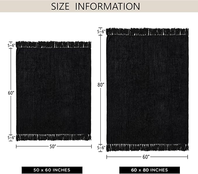 Chenille Throw Blanket for Couch 50"X 60", Soft Cozy Throws with Fringe Tassel for Bed Sofa Chair Cover, Lightweight Knitted Decorative Boho Blankets for Living Room, Black