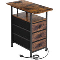 AMHANCIBLE End Tables Living Room with Charging Station, Narrow Side Table with USB Ports and Outlets, Slim Nightstand with 3 Fabric Drawers for Bedroom, Small Space, Rustic Brown, HETN013BR-1