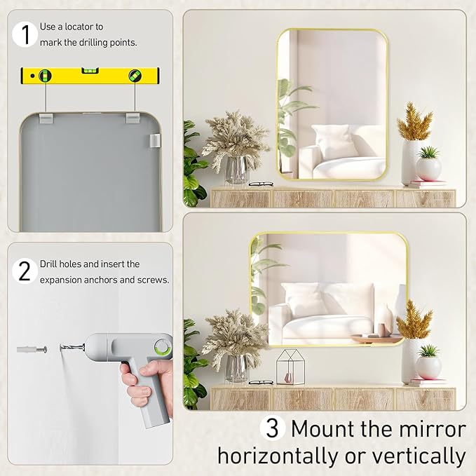 20x28 Inch Bathroom Mirror for Wall,Matte Gold Framed Rectangle Mirror with Rounded Corner,Aluminum Alloy Framed Brushed Wall Mirror for Bedroom or Living Room,Vertical or Horizontal