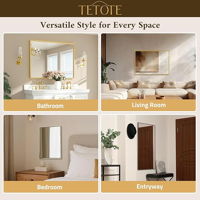 TETOTE Brushed Gold Mirror for Bathroom Sink 30" x 36" Beveled Frame Brushed Gold Brass Vanity Rectangle Mirror for Bathroom Wall, Modern Farmhouse, Tempered Glass, Stronger Frame