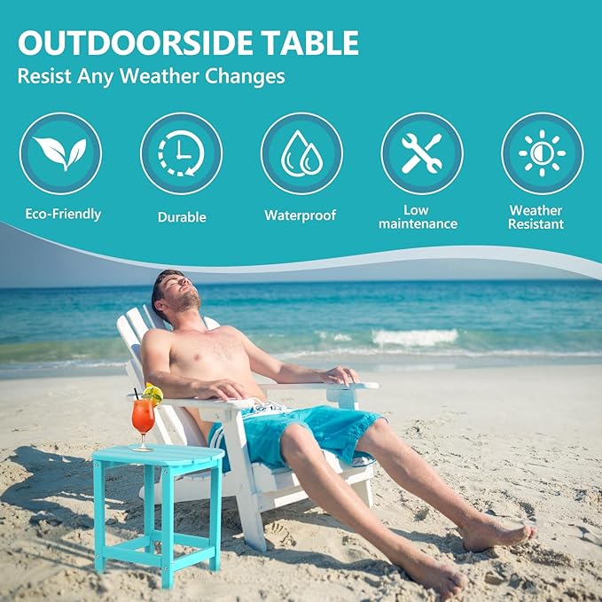 Hdpe Outdoor Adirondack Side Table, Wooden Textured, Set for Patio, Garden, Porch, Pool Composite Patio, Backyard, Bathroom and Indoor, Maintenance & Weather Resistant(Aruba Blue)