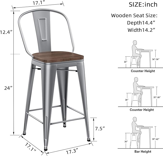 Yongqiang 24 inch Bar Stools Set of 4 High Back Kitchen Counter Height Bar Chairs Silver Metal Barstools with Large Wooden Seat