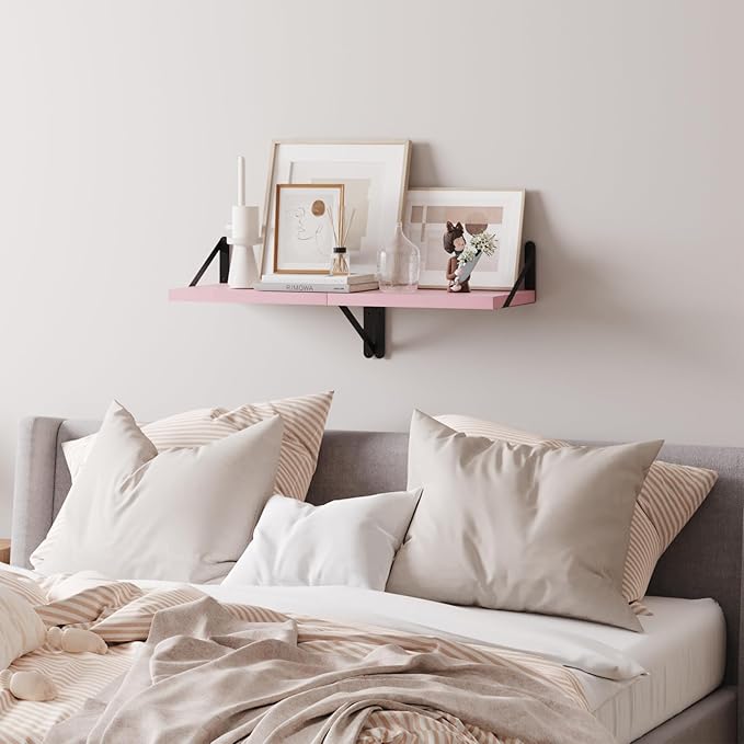 SAUMONIERES Floating Shelves Bookshelf for Bedroom Bathroom Living Room Wood Wall Mounted Wide Deep Storage, Pink Painted Set of 2