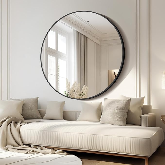Black Round Mirror, 42 inch Large Circle Mirror, Aluminum Alloy Metal Frame Round Bathroom Mirror, Big Round Wall Mirror, Circle Mirrors for Wall Entryway Bedroom Living Room