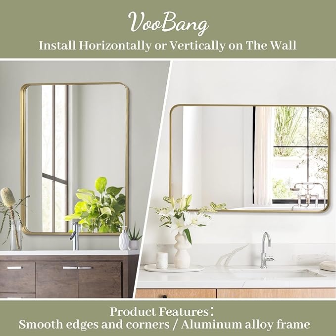 Bathroom Mirror 30x40 inch, Gold Gorgeous Deep Frame Wall Mirror, Modern Round Corner Bathroom Vanity Mirror for Bedroom, Living Room, Hanging or Leaning Horizontal or Vertical, Gold