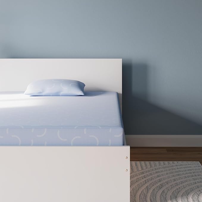 Signature Design by Ashley Twin Size iKidz 7 Inch Firm Gel Memory Foam Mattress with Stretch Knit Cover & Pillow Included, Blue Ocean, Fiberglass Free, Mattress in A Box