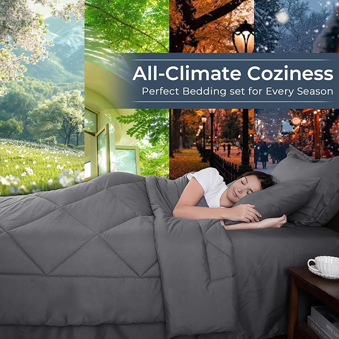 HEVUMYI King Comforter Set - 7-Piece All Season Bed in a Bag King, Ultra Soft Bedding Set with Comforter, Flat Sheet, Fitted Sheet, Pillowcases, Pillow Shams, Dark Grey