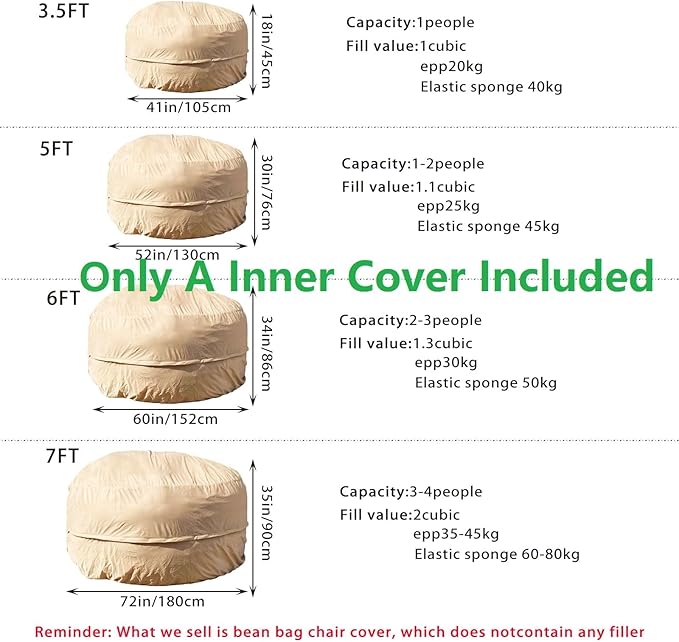 Reusable Beanbag Chair Inner Lining Cover for Pack Bean Filler EPP EPS Shredded Memory Foam and Wash Needs, 7FT