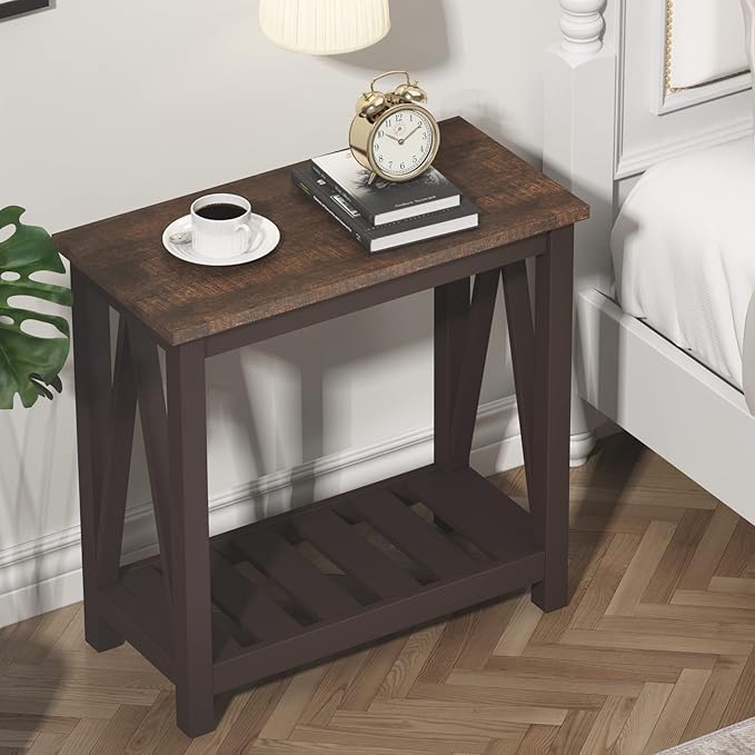 ChooChoo Farmhouse End Table, Rustic Vintage Narrow End Side Table with Storage Shelf for Small Spaces, Nightstand Sofa Table for Living Room, Bedroom Espresso 2 Pack