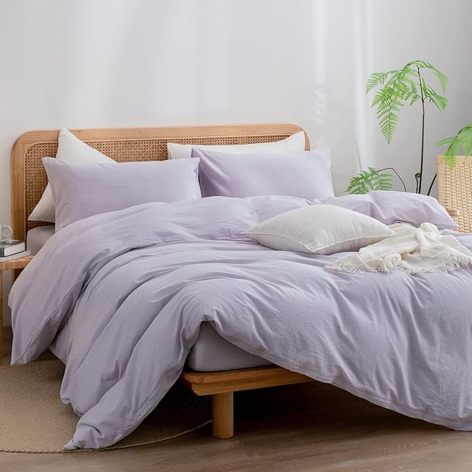 BESTOUCH Duvet Cover Set 100% Washed Cotton Linen Feel Super Soft Comfortable Chic Lightweight 3 PCs Home Bedding Set Solid Taro Purple Queen