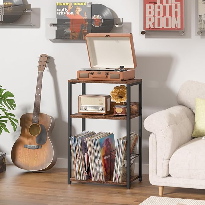 LELELINKY Record Player Stand, 3-Tier End Side Table with Vinyl Record Storage, Vinyl Record Holder Up to 120 Albums, Turntable Stand with Vinyls Storage for Music Living Room, Brown