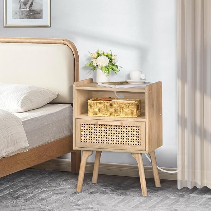 Lerliuo Rattan Nightstands Set of 2 with Charging Station, Boho Side Table with Drawer Open Shelf, Cane Accent Bedside End Table with Solid Wood Legs for Bedroom, Dorm and Small Spaces (Natural)