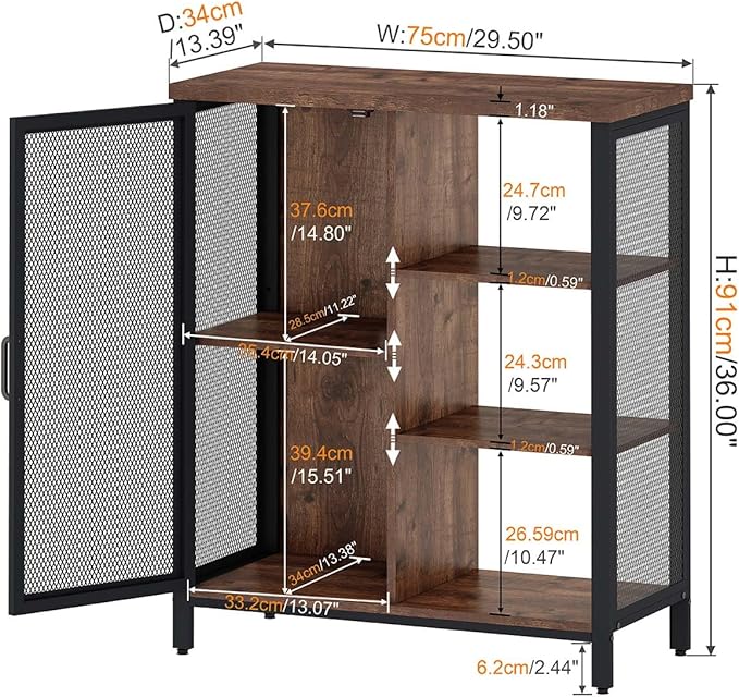 BON AUGURE Coffee Bar Cabinet for Home Liquor, Small Storage Cabinet for Kitchen and Entryway, Farmhouse Industrial Buffet Sideboard Credenza with Adjustable Shelves (Rustic Oak)
