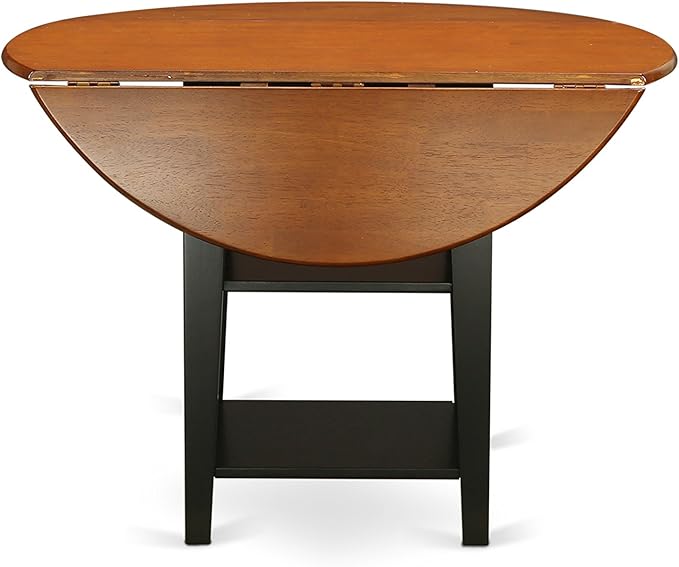 East West Furniture SUPF5-BCH-C 5 Piece Kitchen Table & Chairs Set Includes a Round Dining Table with Dropleaf & Shelves and 4 Linen Fabric Dining Room Chairs, 42x42 Inch, Black & Cherry
