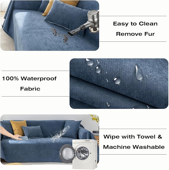 STACYPIK Waterproof Dark Blue Sofa Cover, Washable Couch Cover for 2 Cushion Couch, Anti-Slip Furniture Protector, Pet-Friendly Couch Cover for Pets and Kids, Loveseat Covers, Futon Cover-71X102IN