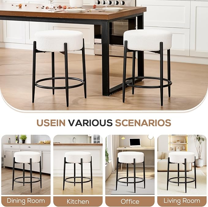 Dining Chairs Set of 2, 23.6" Backless Kitchen Living Room Chair，Mid Century Modern Chairs with Round Soft White Boucle Padded & Solid Metal Legs