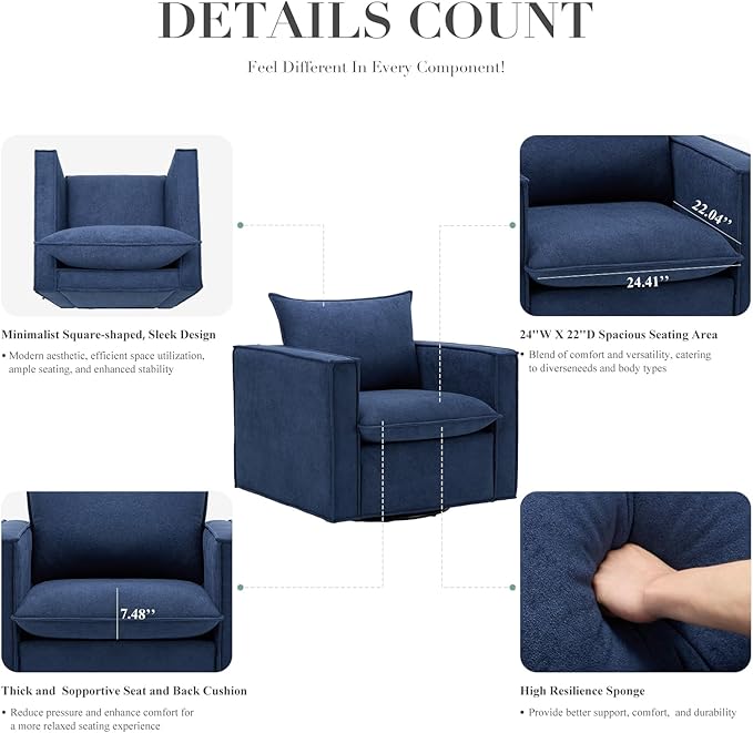 COLAMY Swivel Accent Chair, 34 Inches Wide Upholstered Arm Chair with Plump Back Pillow, Modern Sofa Living Room Chair for Bedroom, Corner, Reading Nook-Blue