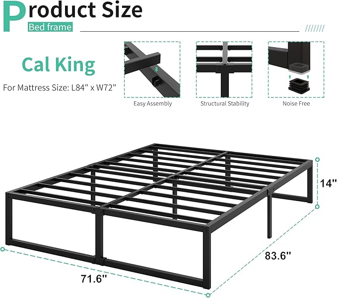 14 Inch California King Bed Frames No Box Spring Needed Heavy Duty Metal Cal King Platform for Mattress Foundation, Noise Free, Easy Assembly, Black