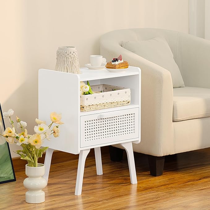 Lerliuo Rattan Nightstand with Charging Station, Side Table with Drawer Open Shelf, Cane Accent Bedside End Table with Solid Wood Legs, Night Stand for Bedroom, Dorm and Small Spaces (White)