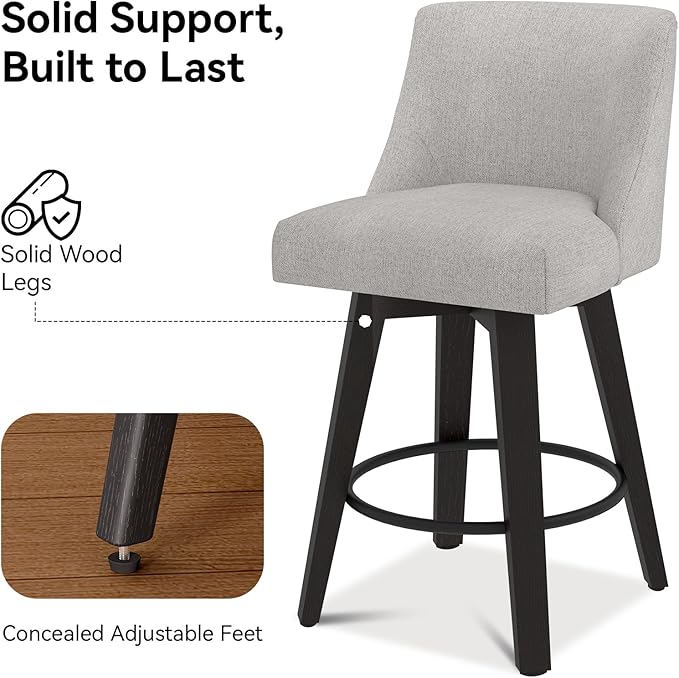 Counter Height Swivel Bar Stools Set of 3, 26 Inch Bar Stools with Footrest, Linen Fabric Upholstered Barstools with Back and Solid Wood Legs for Kitchen Island, Dining Room,Pub,Light Grey