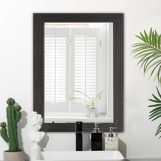 YOSHOOT Hand-Made Wooden Spliced Wall Mirror for Bathroom, Rustic Farmhouse Vanity Mirror, Décor Wall Art, Solid Wood Frame, Vertical or Horizontal Hanging, 72" x 36", Black