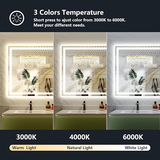 88x38 Inch LED Bathroom Mirror with Lights Front and Backlit Lighted Vanity Mirror for Bathroom Wall with 3 Colors Dimmable Anti-Fog Memory Shatter-Proof IP54 Waterproof Horizontal/Vertical