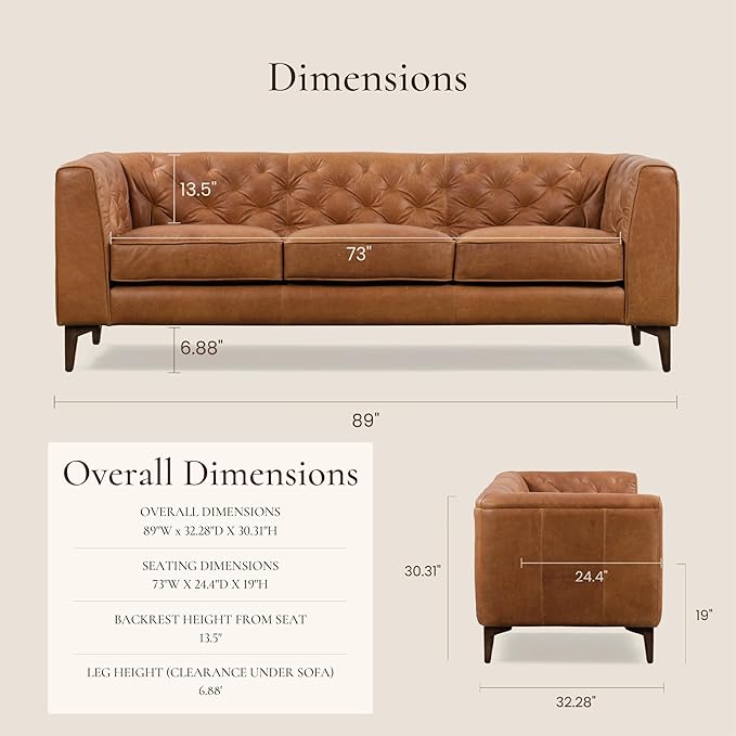 Poly & Bark Essex Leather Couch - 89-Inch Sofa with Tufted Back - Full-Grain Leather Sofa for Living Room with Feather-Down Topper - Living Room Couch - Vintage Italian Leather in Cognac Tan